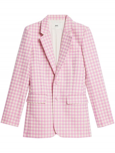 AMI Paris Pink and white single-breasted plaid blazer