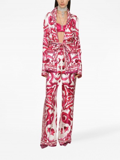 Dolce & Gabbana Pantaloni dritti in seta con stampa maiolica